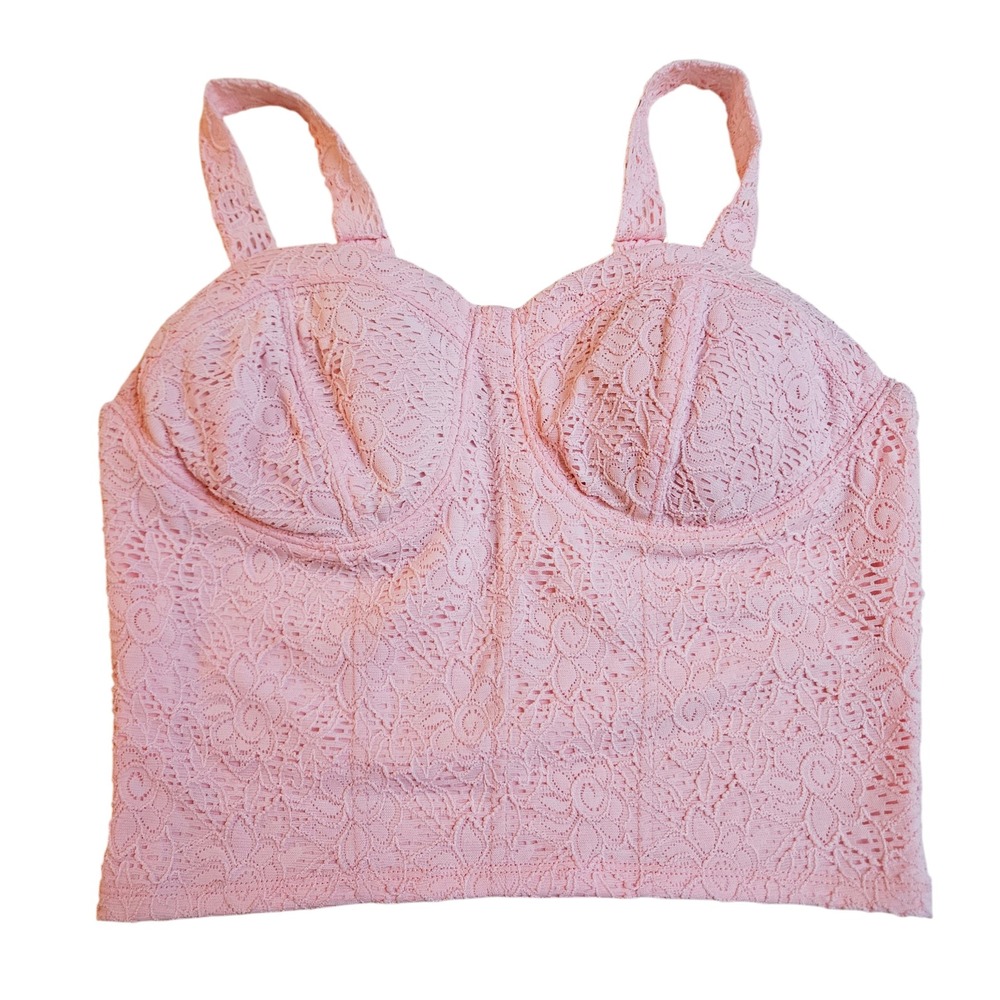 Womens Pastel Pink Floral Lace Bustier Babydoll Crop Top L Festival Ballet Fairy